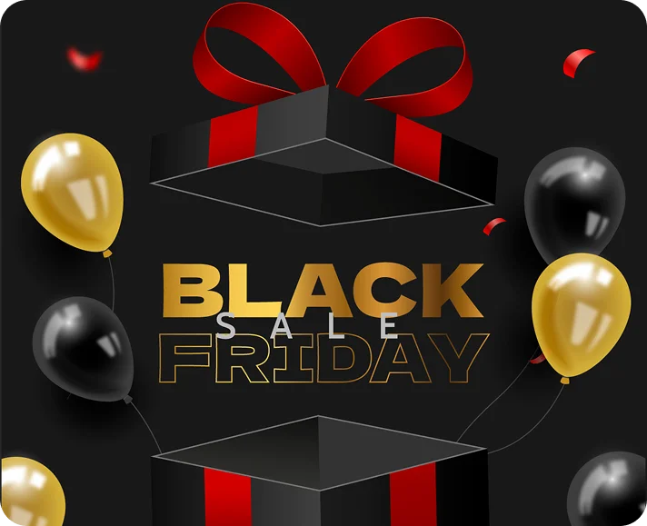 Black Friday sale gift box with gold and black balloons