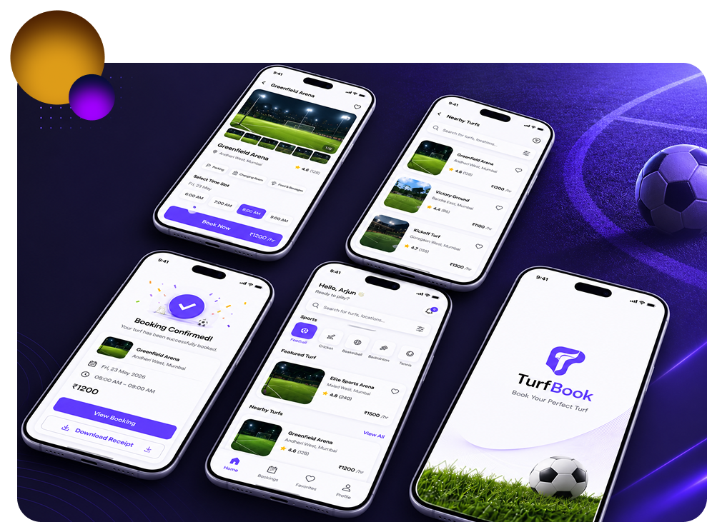 Turf booking app screens on multiple phones showing venue search, booking, and confirmation